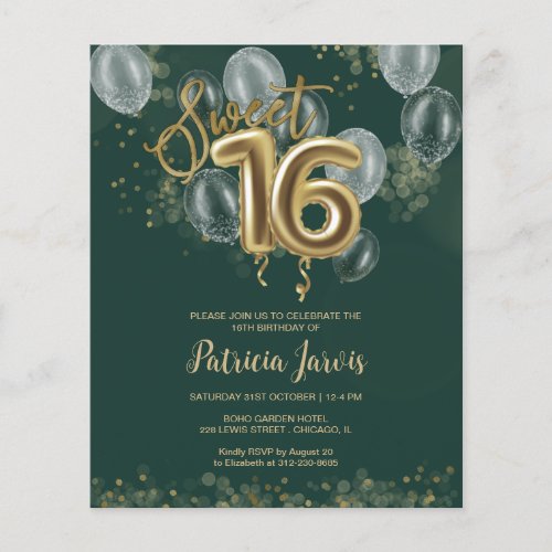 Gold Sweet 16 Bday Balloons Budget Invitations