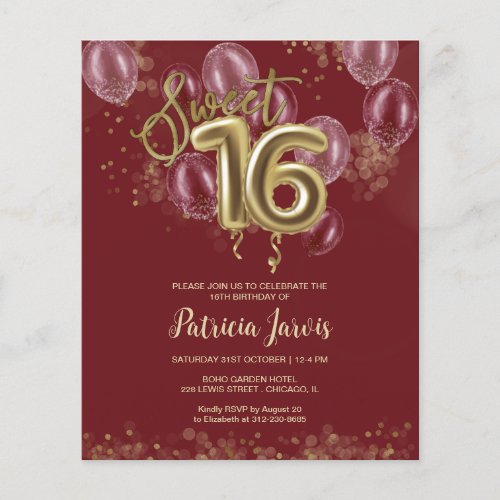 Gold Sweet 16 Bday Balloons Budget Invitations