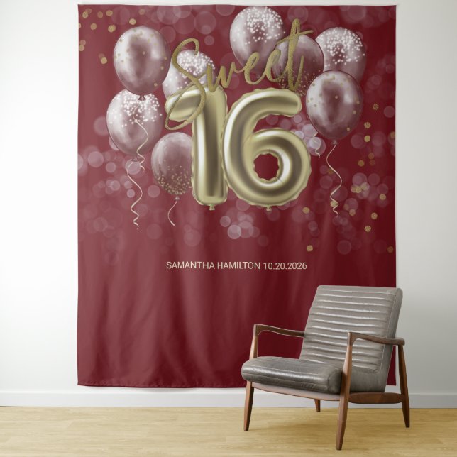 Gold Sweet 16 Bday Balloons Burgundy Backdrop (In Situ)