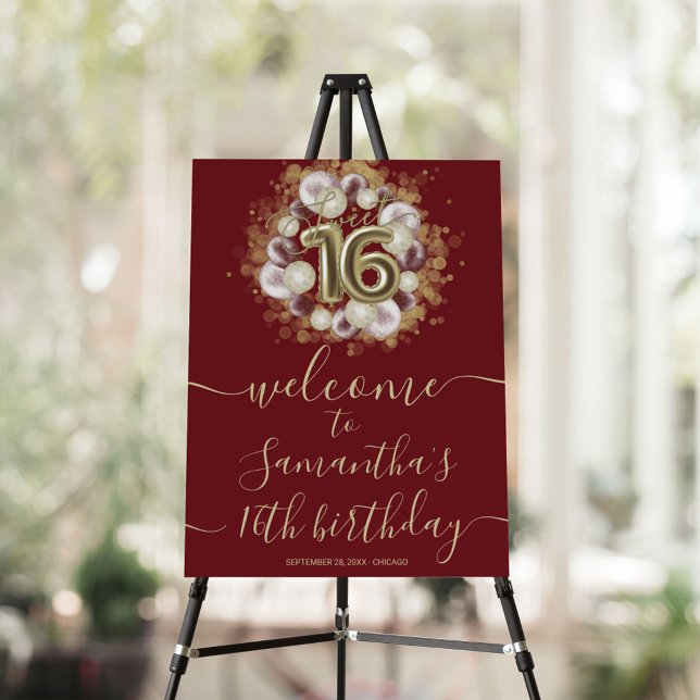 Gold Sweet 16 Bday Balloons Burgundy Welcome Sign (Creator Uploaded)