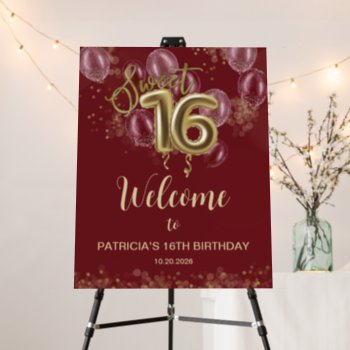 Gold Sweet 16 Bday Balloons Burgundy Welcome Sign by LitleStarPaper at Zazzle