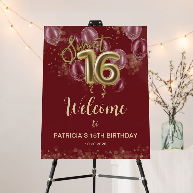 Gold Sweet 16 Bday Balloons Burgundy Welcome Sign (In Situ (Stand))