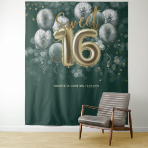 Gold Sweet 16 Bday Balloons Emerald Green Backdrop