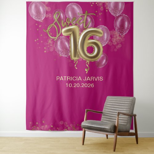 Gold Sweet 16 Bday Balloons Hot Pink Backdrops