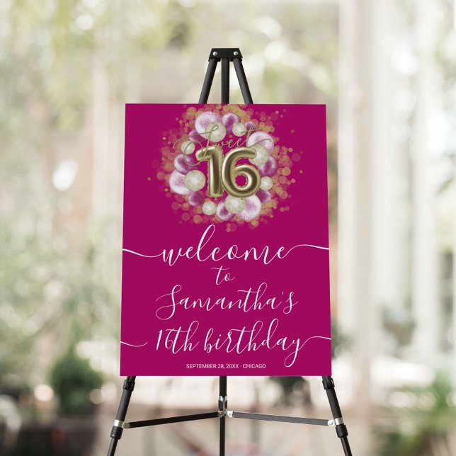 Gold Sweet 16 Bday Balloons Hot Pink Welcome Sign (Creator Uploaded)