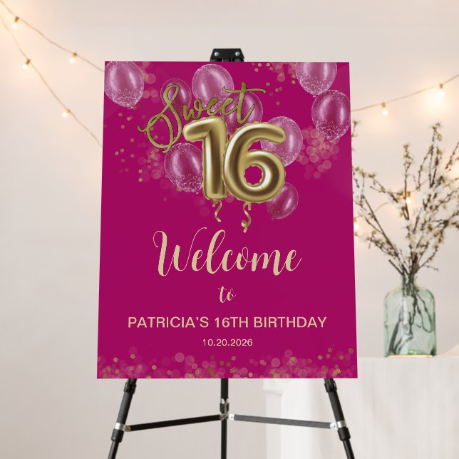 Gold Sweet 16 Bday Balloons Hot Pink Welcome Sign (In Situ (Stand))