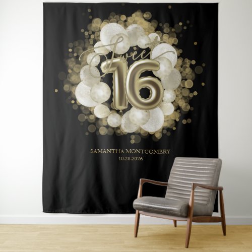 Gold Sweet 16 Bday Balloons Party Black Backdrop