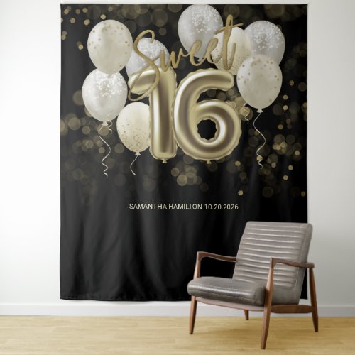 Gold Sweet 16 Bday Balloons Party Black Backdrop