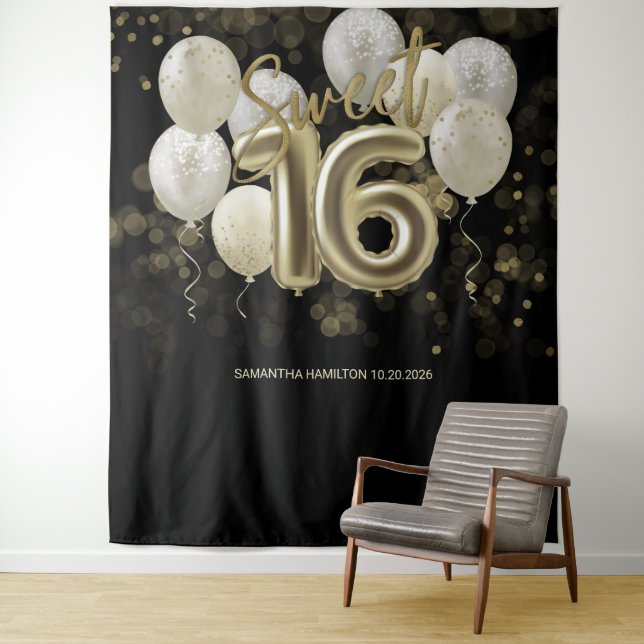 Gold Sweet 16 Bday Balloons Party Black Backdrop (In Situ)