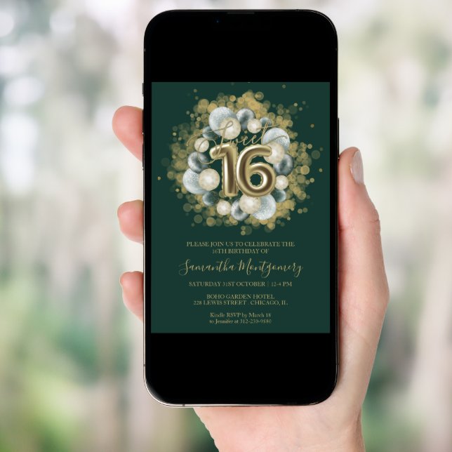 Gold Sweet 16 Bday Balloons Party Emerald Green In Invitation (Front Digital)