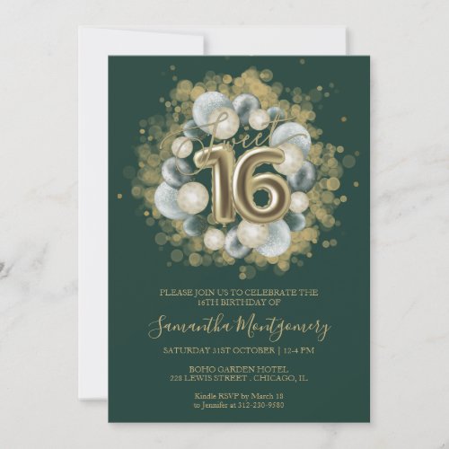 Gold Sweet 16 Bday Balloons Party Emerald Green In Invitation