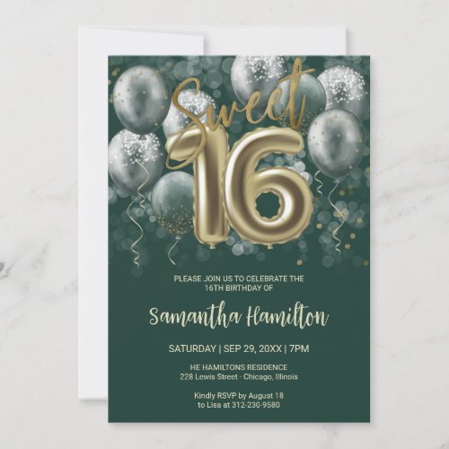 Gold Sweet 16 Bday Balloons Party Emerald Green Invitation