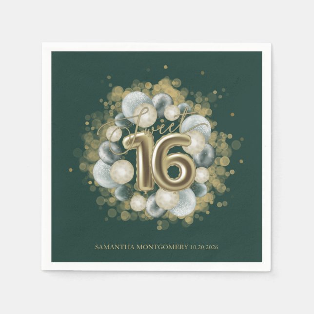 Gold Sweet 16 Bday Balloons Party Emerald Green Napkins (Front)