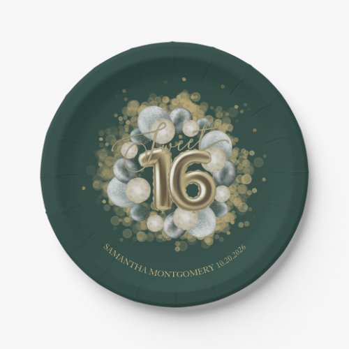 Gold Sweet 16 Bday Balloons Party Emerald Green Paper Plates