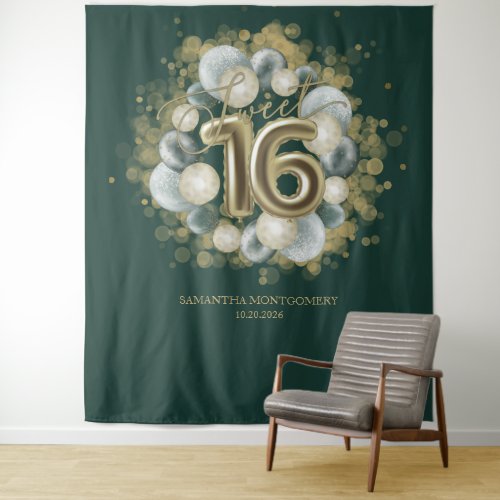 Gold Sweet 16 Bday Balloons Party Green Backdrop