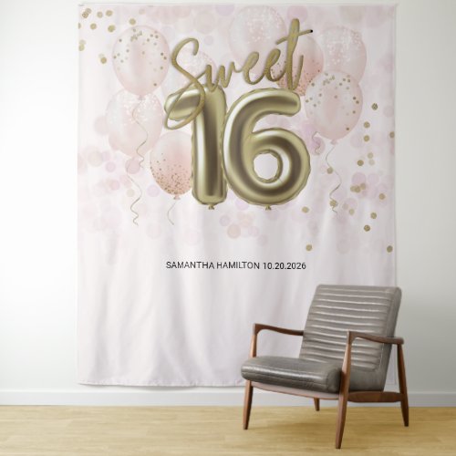 Gold Sweet 16 Bday Balloons Party Pink Backdrop