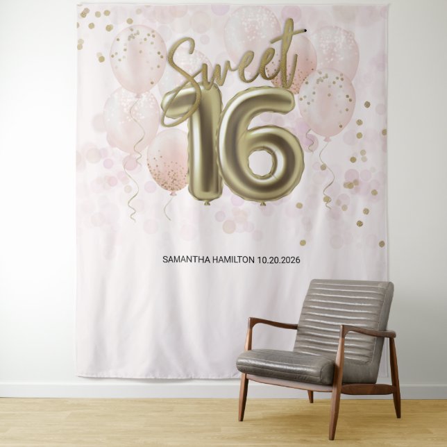 Gold Sweet 16 Bday Balloons Party Pink Backdrop (In Situ)