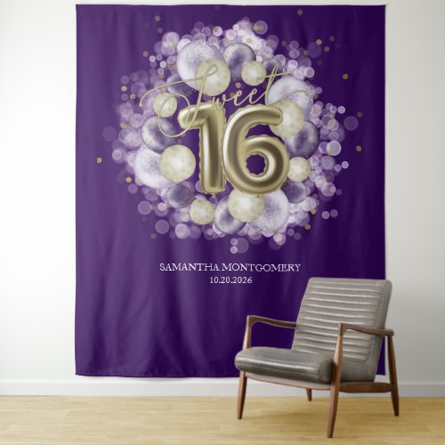 Gold Sweet 16 Bday Balloons Party Purple Backdrop
