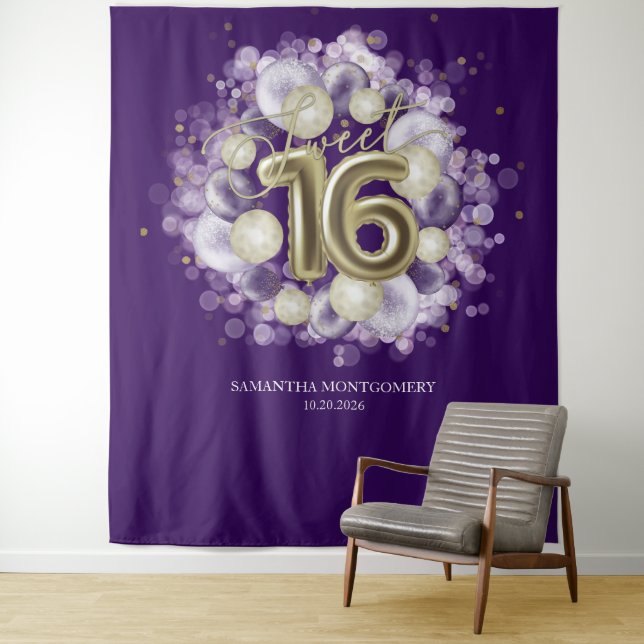 Gold Sweet 16 Bday Balloons Party Purple Backdrop (In Situ)