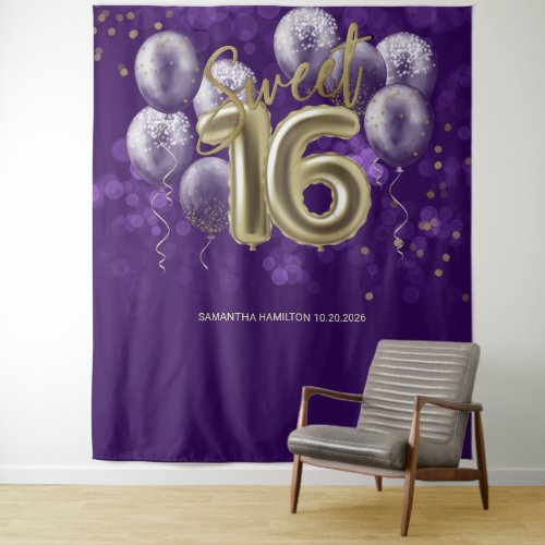 Gold Sweet 16 Bday Balloons Party Purple Backdrop
