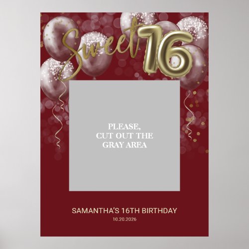 Gold Sweet 16 Bday Balloons Photo Prop Burgundy Poster