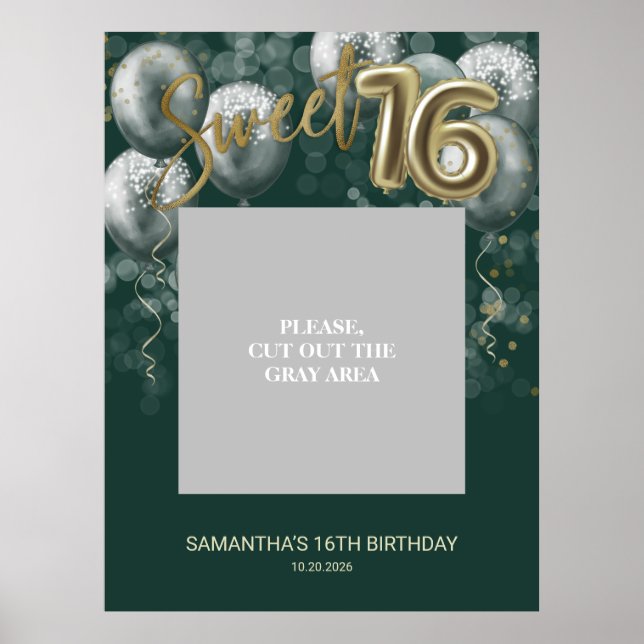 Gold Sweet 16 Bday Balloons Photo Prop Green Poster (Front)