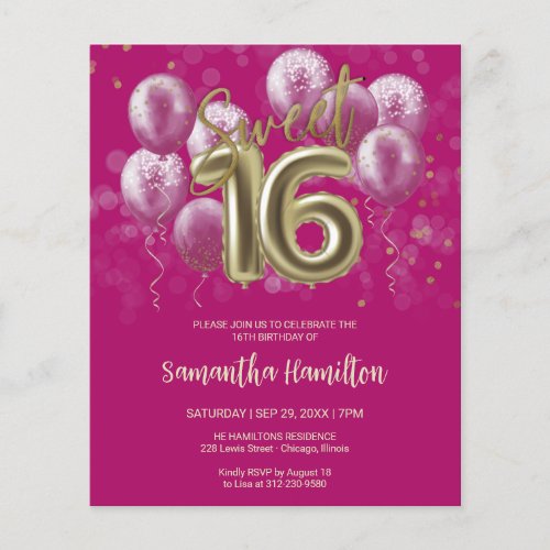 Gold Sweet 16 Bday Balloons Pink Budge Invitation
