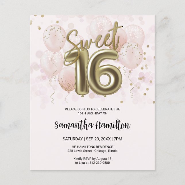 Gold Sweet 16 Bday Balloons Pink Budge Invitation (Front)