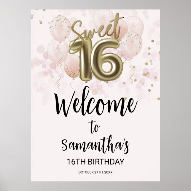 Gold Sweet 16 Bday Balloons Pink Welcome Sign (Front)