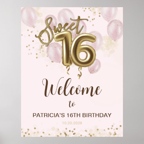 Gold Sweet 16 Bday Balloons Pink Welcome Sign