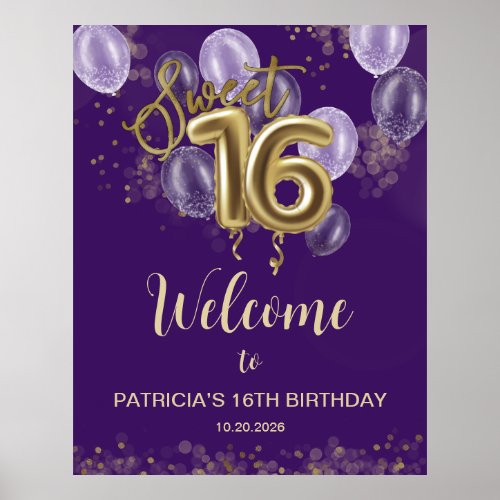 Gold Sweet 16 Bday Balloons Purple Welcome Sign