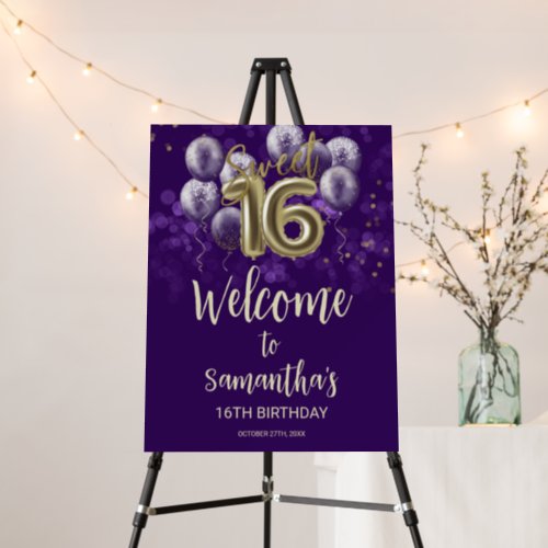 Gold Sweet 16 Bday Balloons Purple Welcome Sign