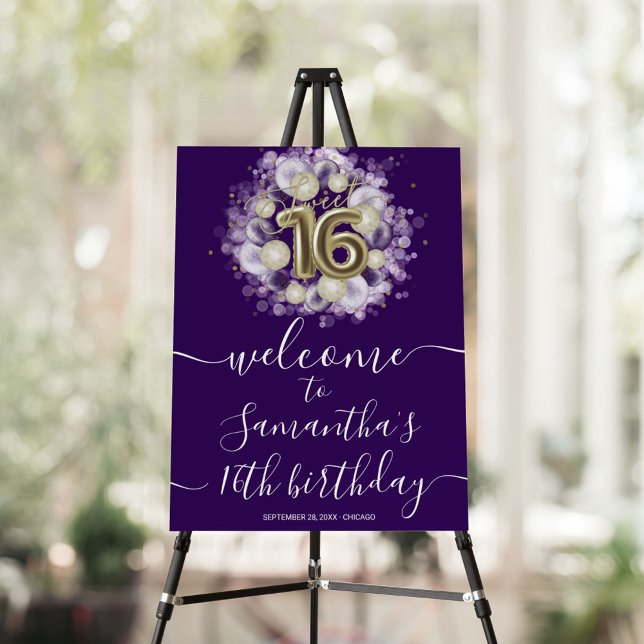 Gold Sweet 16 Bday Balloons Purple Welcome Sign (Creator Uploaded)