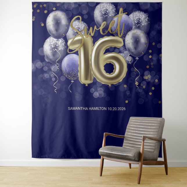 Gold Sweet 16 Bday Balloons Royal Blue Backdrop (In Situ)