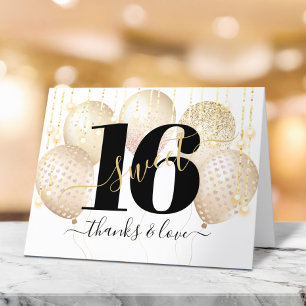 Gold Sweet 16 Birthday Balloons Modern Luxury Glam Letterpress Thank You Card