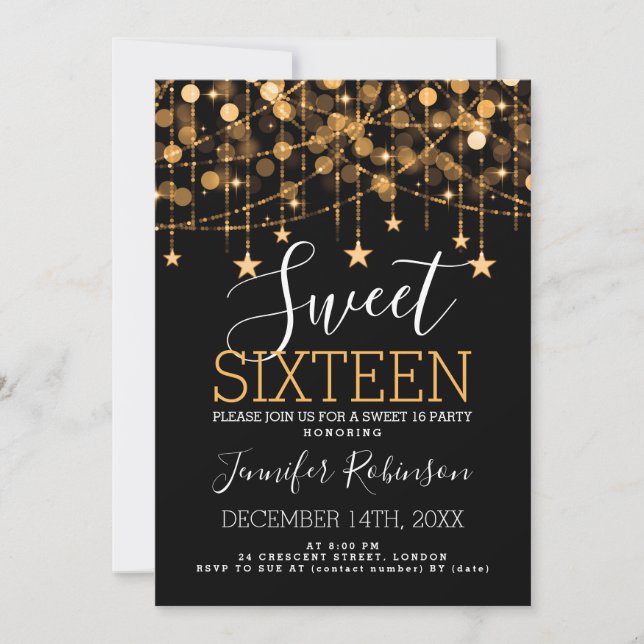 Gold Sweet 16 Birthday Sparkly String Lights Invitation (Front)