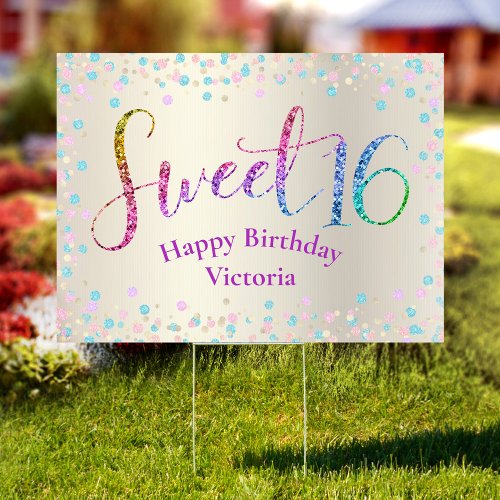 Gold Sweet 16 Glitter Rainbow Dots Birthday Yard Sign