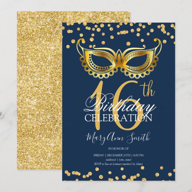 Gold Sweet 16 Masquerade Party Glitter Navy Invitation (Front/Back)