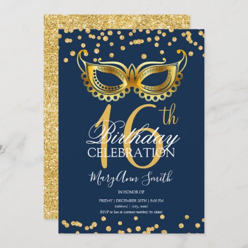Gold Sweet 16 Masquerade Party Glitter Navy Invitation