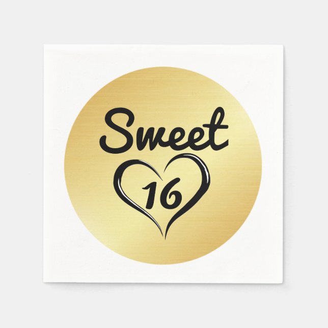 Gold Sweet 16 Paper Napkin with Heart (Front)