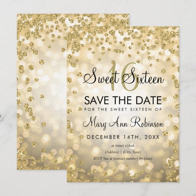 Gold Sweet 16 Save The Date Glitter Lights Invitation (Front/Back)