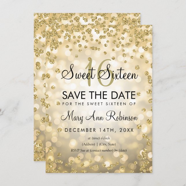 Gold Sweet 16 Save The Date Glitter Lights Invitation (Front/Back)