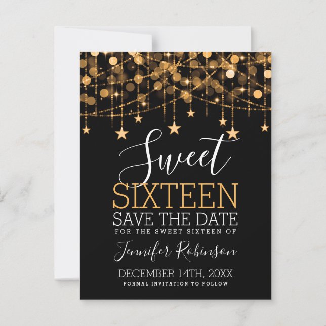 Gold Sweet 16 Sparkly String Lights Save Date Save The Date (Front)