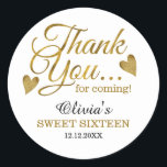 Gold Sweet Sixteen 16th Birthday Thank You Favors  Classic Round Sticker<br><div class="desc">Sweet 16 birthday thank you stickers with classy gold typography.</div>