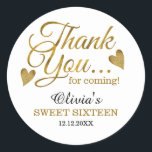 Gold Sweet Sixteen 16th Birthday Thank You Favors  Classic Round Sticker<br><div class="desc">Sweet 16 birthday thank you stickers with classy gold typography.</div>