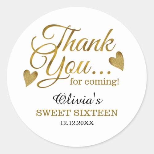 Gold Sweet Sixteen 16th Birthday Thank You Favors  Classic Round Sticker