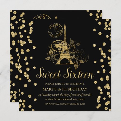 Gold Sweet Sixteen Paris Glitter Confetti Black Invitation