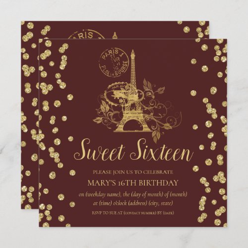 Gold Sweet Sixteen Paris Glitter Confetti Burgundy Invitation