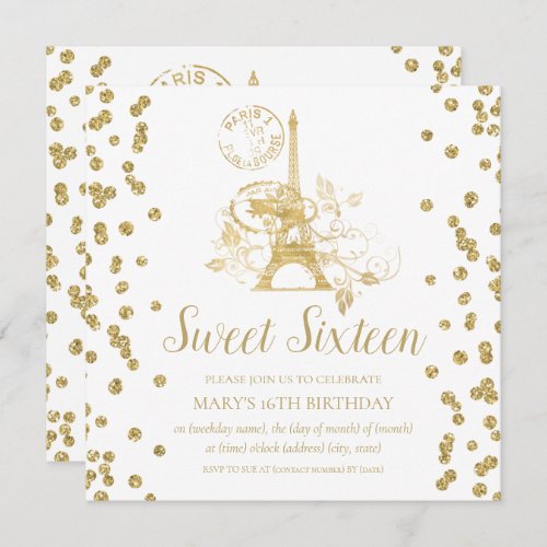 Gold Sweet Sixteen Paris Glitter Confetti Invitation