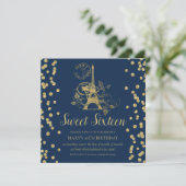 Gold Sweet Sixteen Paris Glitter Confetti Navy Blu Invitation (Standing Front)